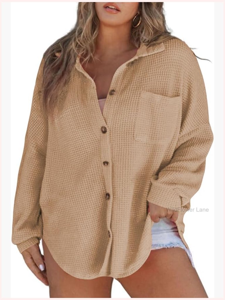 Plus Size Boyfriend Shacket Long Sleeve Button Down Waffle Knit Oversized